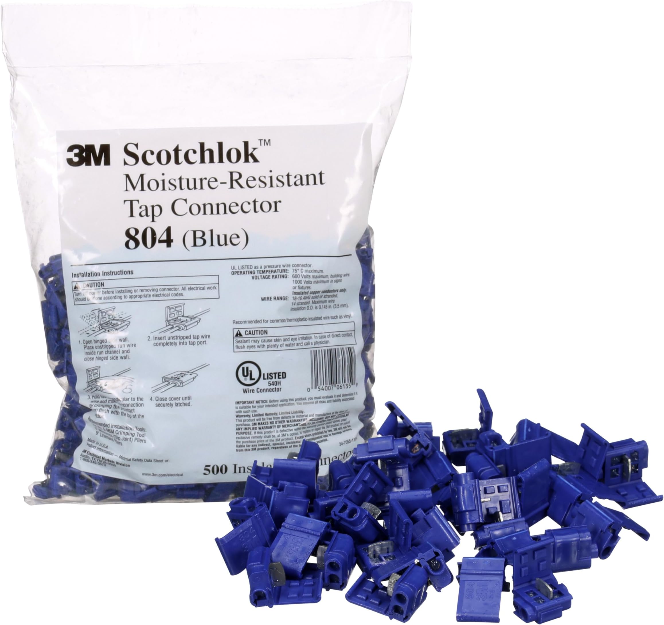 Scotchlok Self-Stripping Moisture Resistant Electrical IDC (Insulation Displacement Connector) 804-BULK, Blue, 18-16 AWG (solid/stranded), 14 AWG (stranded), Pack of 500