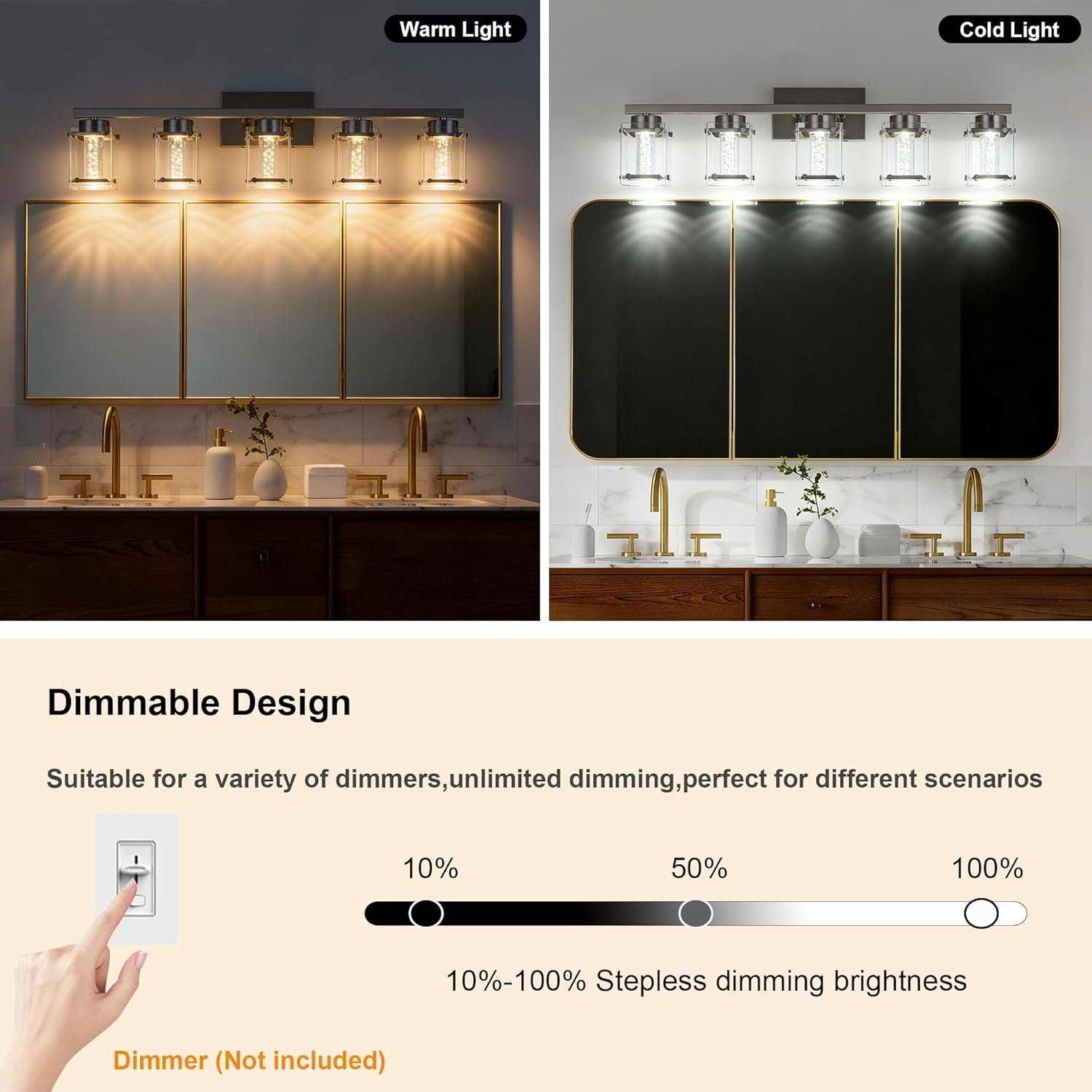 VINLUZ Modern Vanity Light 5-Light Brushed Nickel Finish LED Indoor Lighting Fixture with with Clear Glass Shade and Crystal Bulb Wall Sconces Lights for Bathroom