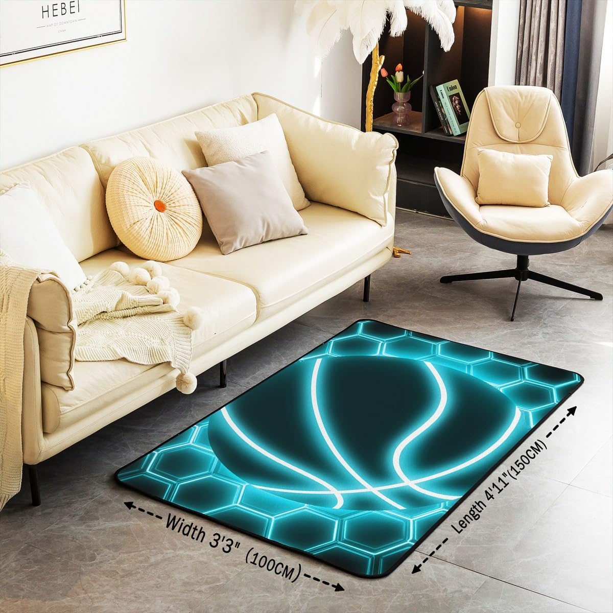 Neon Light Basketball Area Rug 3'x5' Blue Black Abstract Geometric Gird Lines Non Slip Rug for Boys Teens Men Modern Grid Hippie Simple Style Indoor Floor Mat for Chairs Bed
