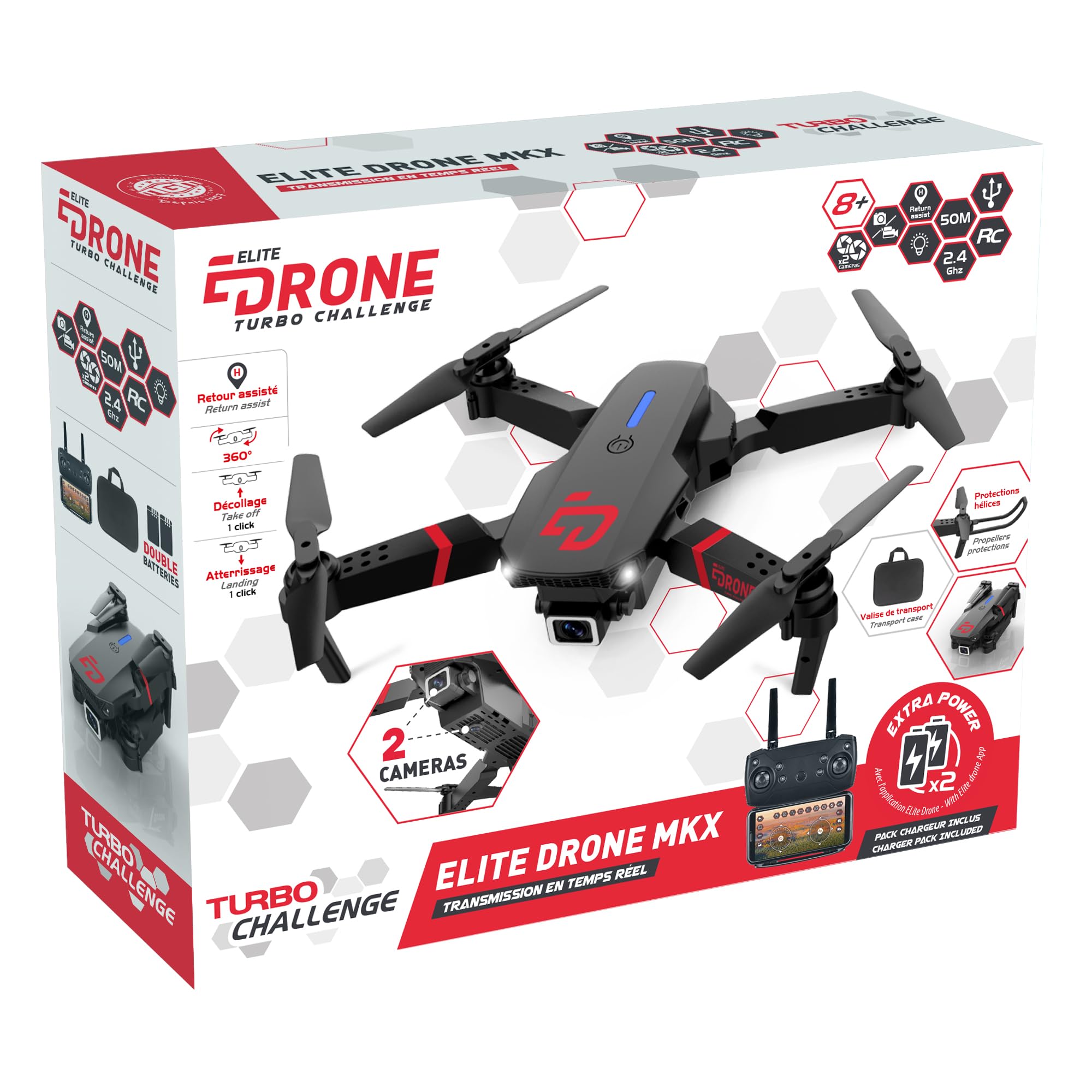 TURBO CHALLENGE - Elite Drone MKX - Drone - 400318 - Dispositivo Volante - Nero - 2 Batterie Ricaricabili incluse - Plastica - Regalo - Compleanno - Luminoso - Video - A partire da 8 anni