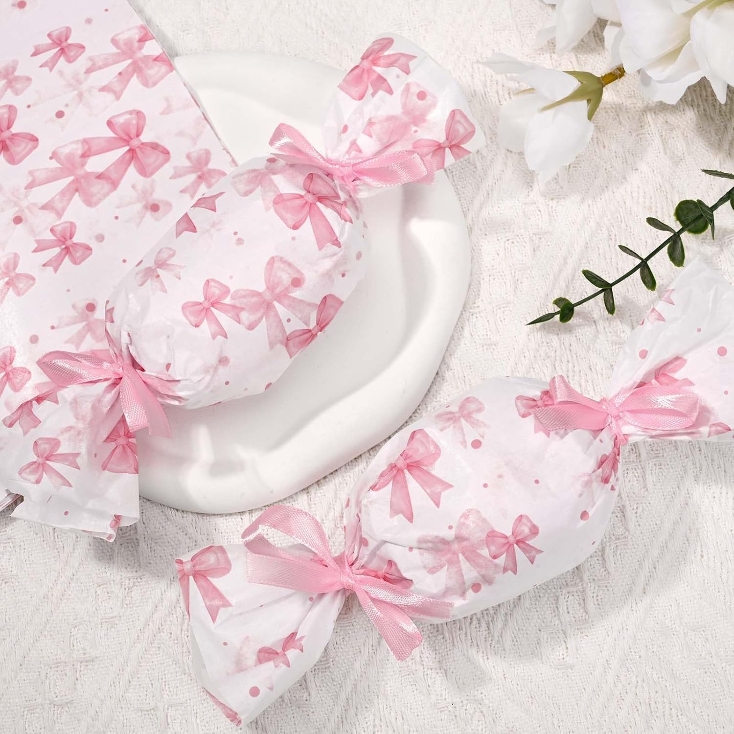 Sanixin 100 Sheets Pink Bow Tissue Paper for Gift Wrapping Cute Polka Dot Coquette Decorative Tissue Paper for Baby Shower Wedding Bachelorette Party DIY Craft, 14 x 20 Inch