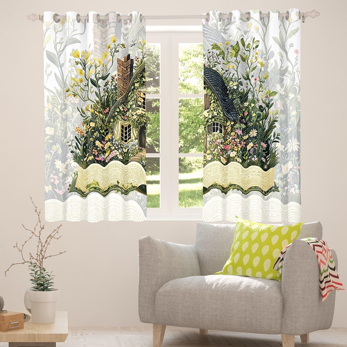 Manfei Magical Book Curtains Blackout,Fantasy House Book Vintage Fairy Tale Window Drapes,Dreamy Garden Flowers Botanical Plants Window Treatment Grommet Top 2 Panels Decor,52Wx96L
