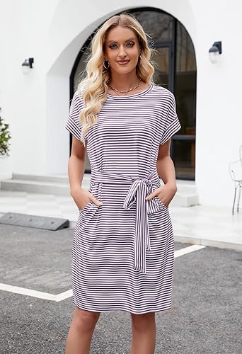 Miniatura 3 de MEROKEETY - Vestido de verano con manga corta, a rayas, casual, estilo camiseta, con lazo en la cintura y bolsillos, para mujer