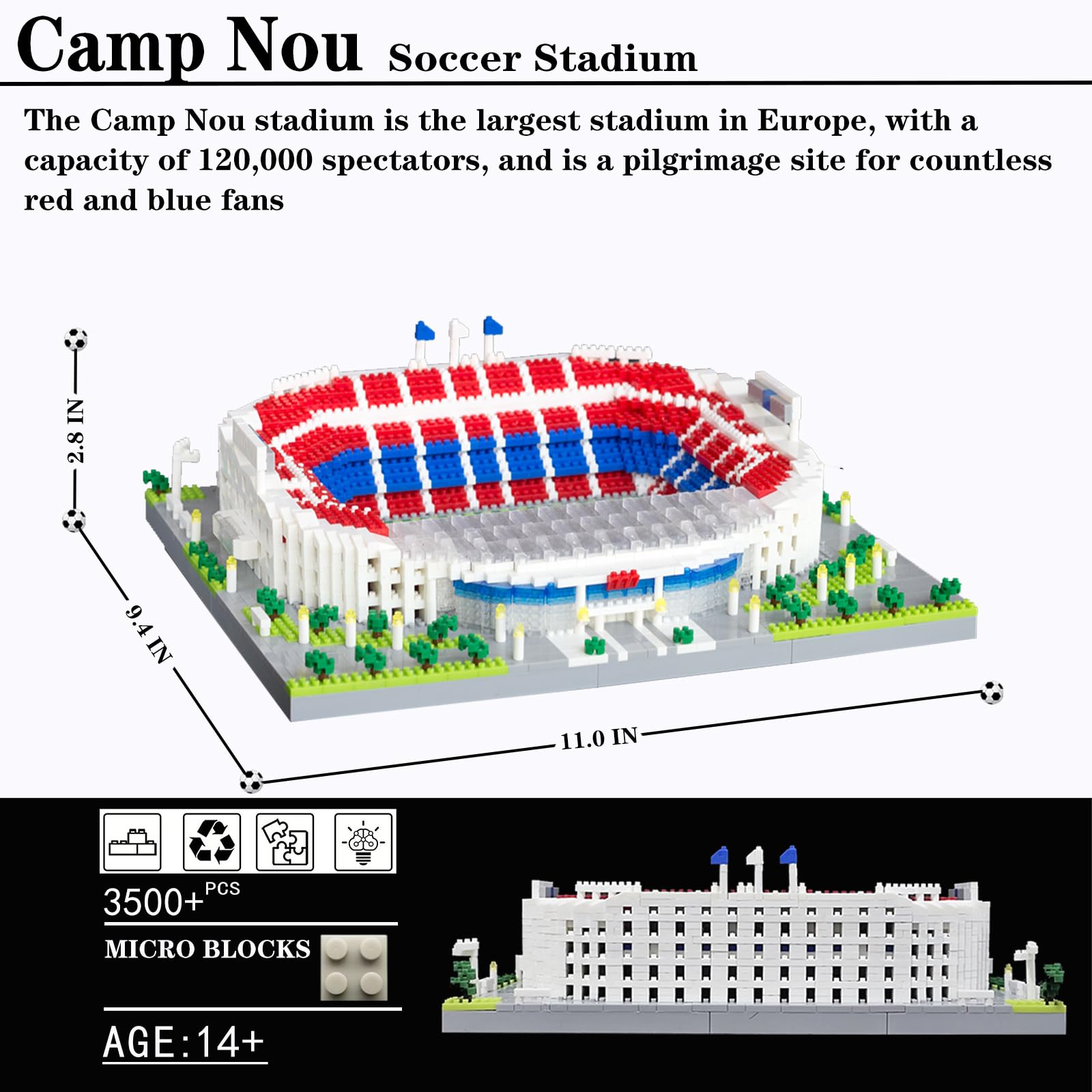 Amazon.com: KALAPINK 巴塞羅那Camp NOU 足球場著名西班牙足球俱樂部建築模型(11 x 9.5 x 7.1  公分)由迷你套組構成,適合成人青少年粉絲,透明