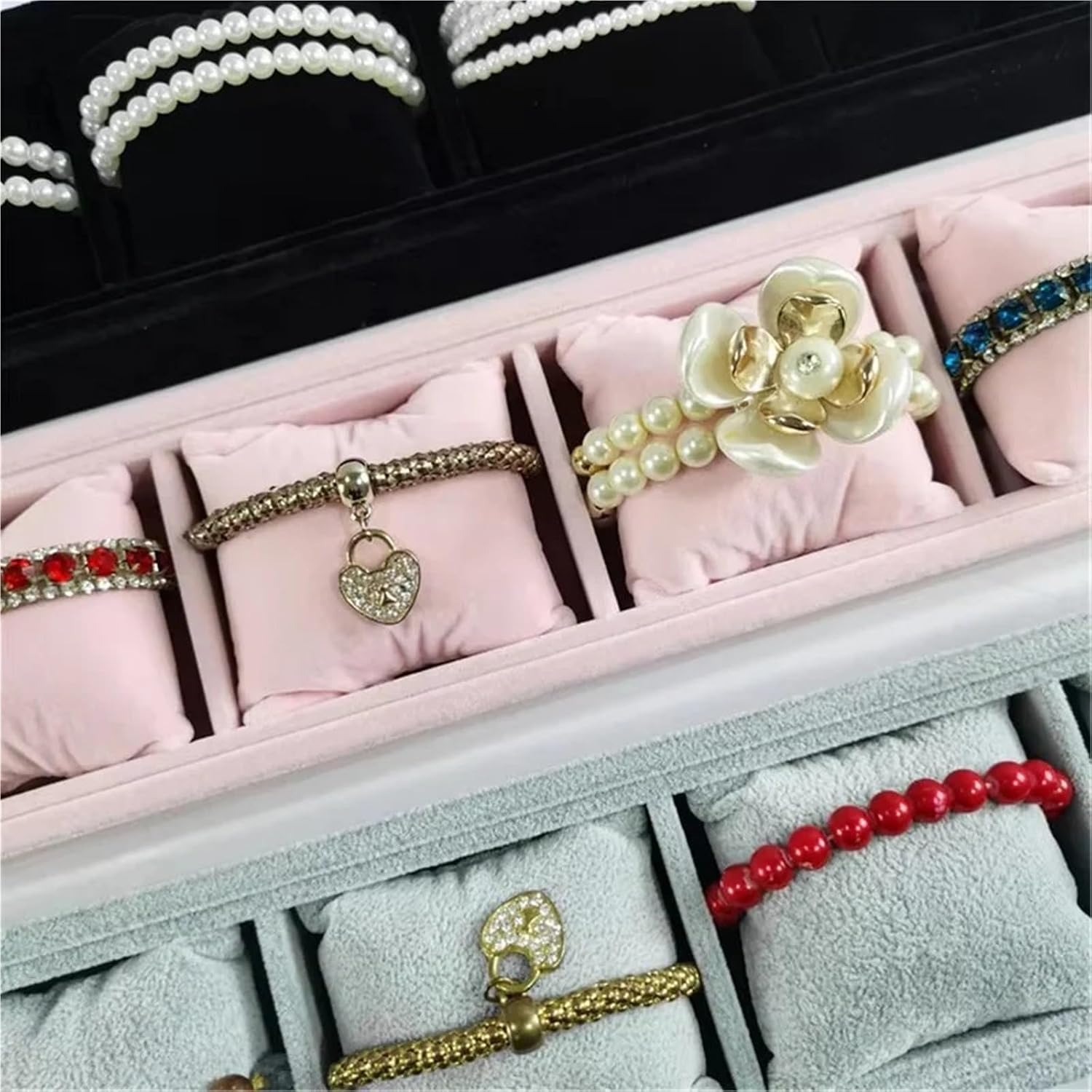 Jewelry Watch Tray 2Pcs 4 Slots Velvet Jewelry Organizer with Soft Pillow Holder Flannel Storage Tray for Bracelet Watch Display & Store/Home Use For Men Women Bracelet Display Holder(Black)