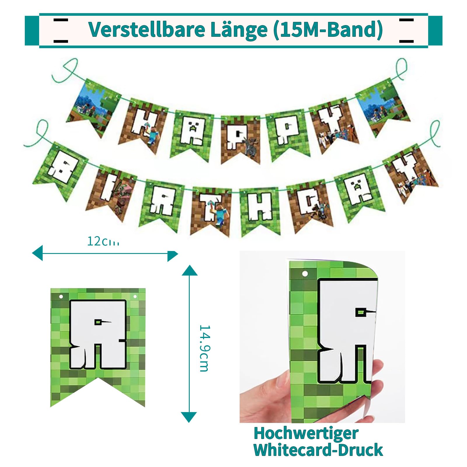 KOBOKO Pixel Happy Birthday Girlande Grün - Gaming Deko Für Geburtstagsparty