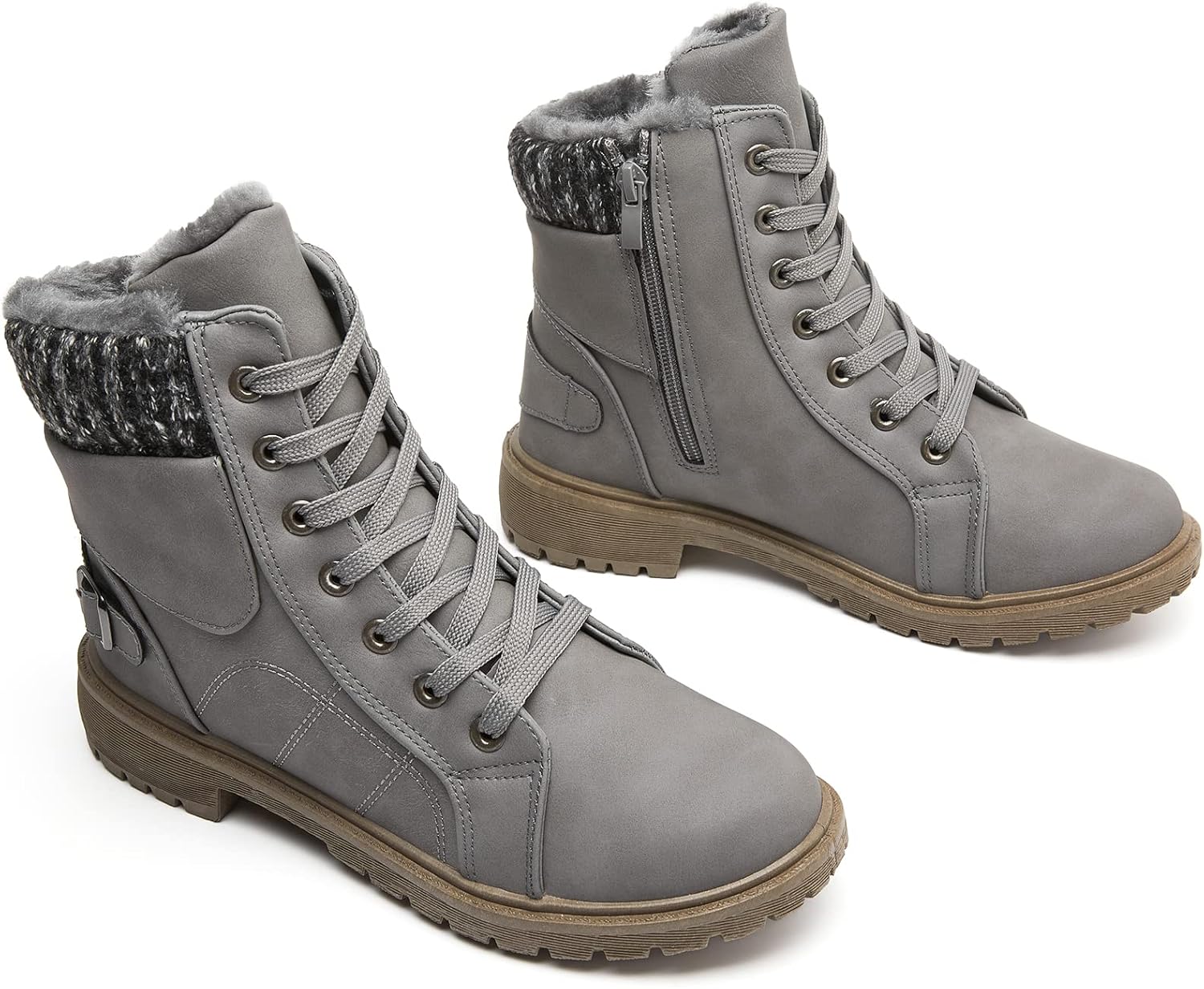 XRH Women Lace Up Combat Boot Winter Snow Boots Warm Fur Lined Ankle Booties Waterproof Hiking Boot for Women Non Slip Leather Boot Shoes