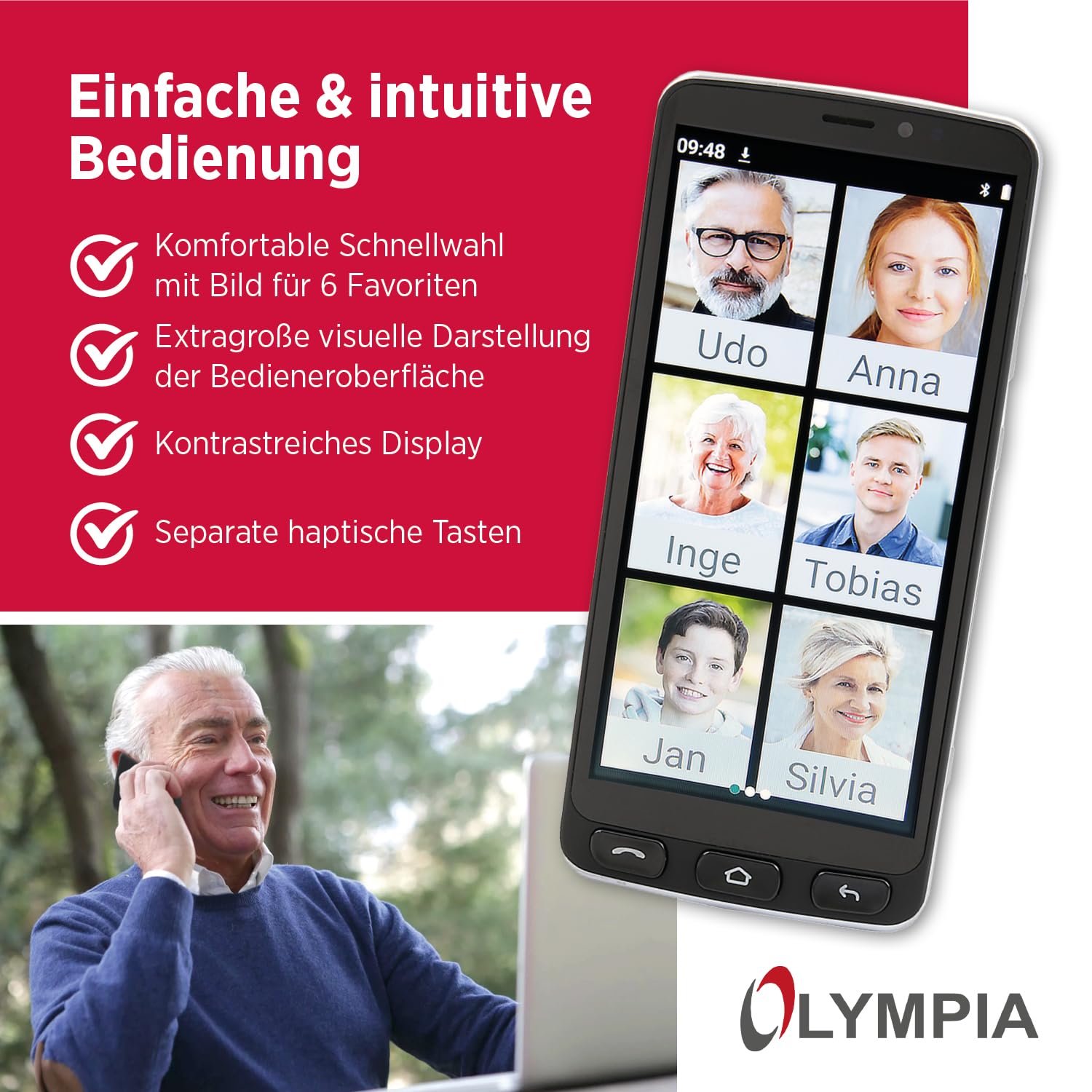 Olympia Neo+ teléfono móvil Negro para Personas Mayores | teléfono Inteligente para Personas Mayores con Pantalla Grande y botón de Llamada de Emergencia | operación Extra fácil | teléfono móvil para