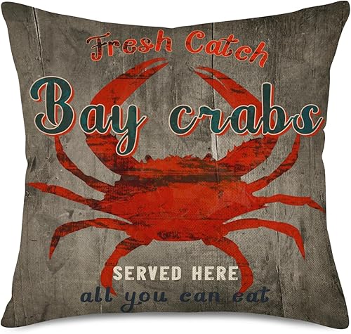 Fundas de almohada con temática marina, diseño de cangrejos de la bahía de animales del océano, estampado de cangrejos de bahía de algodón y lino,