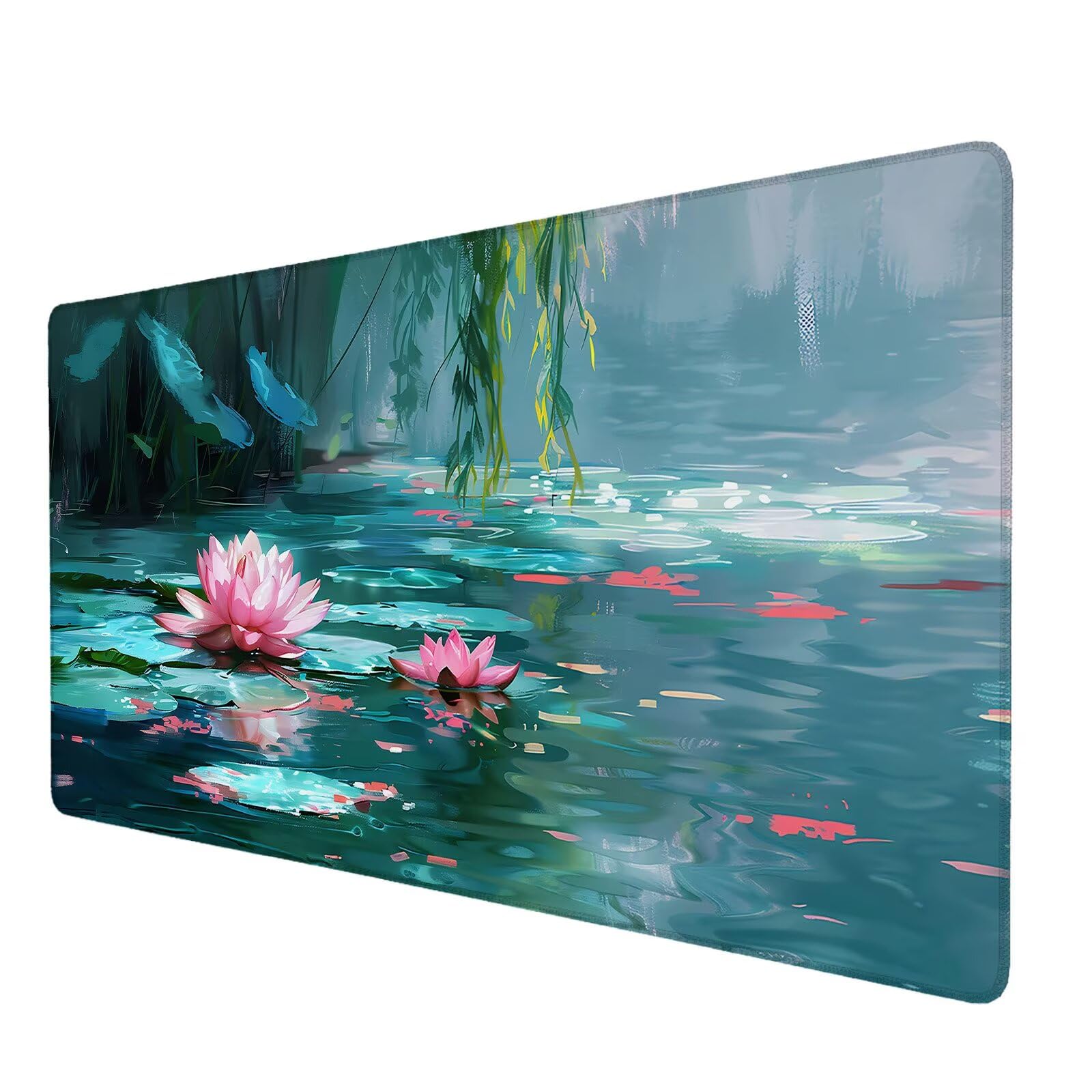 Podkładka pod mysz do gier, lilia wodna XXL 900 x 400 x 4 mm, zielona podkładka na biurko z antypoślizgową i wodoodporną gumową podstawą, gładka powierzchnia poprawia precyzję i szybkość, P-3