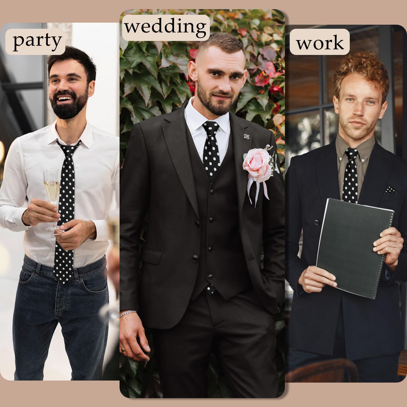 Corbatas para hombre, corbatas de lunares para hombre, corbatas y bolsillo cuadrado para boda, fiesta de negocios, negro blanco gran punto 6