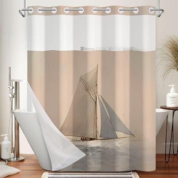 No Hook Shower Curtain with Removable Snap in Liner, Nautical Sailboat Coastal Ocean Sail Print, 71W x 74H Waterproof Fabric Double Layer Bath Curtain with Mesh Top for Bathroom