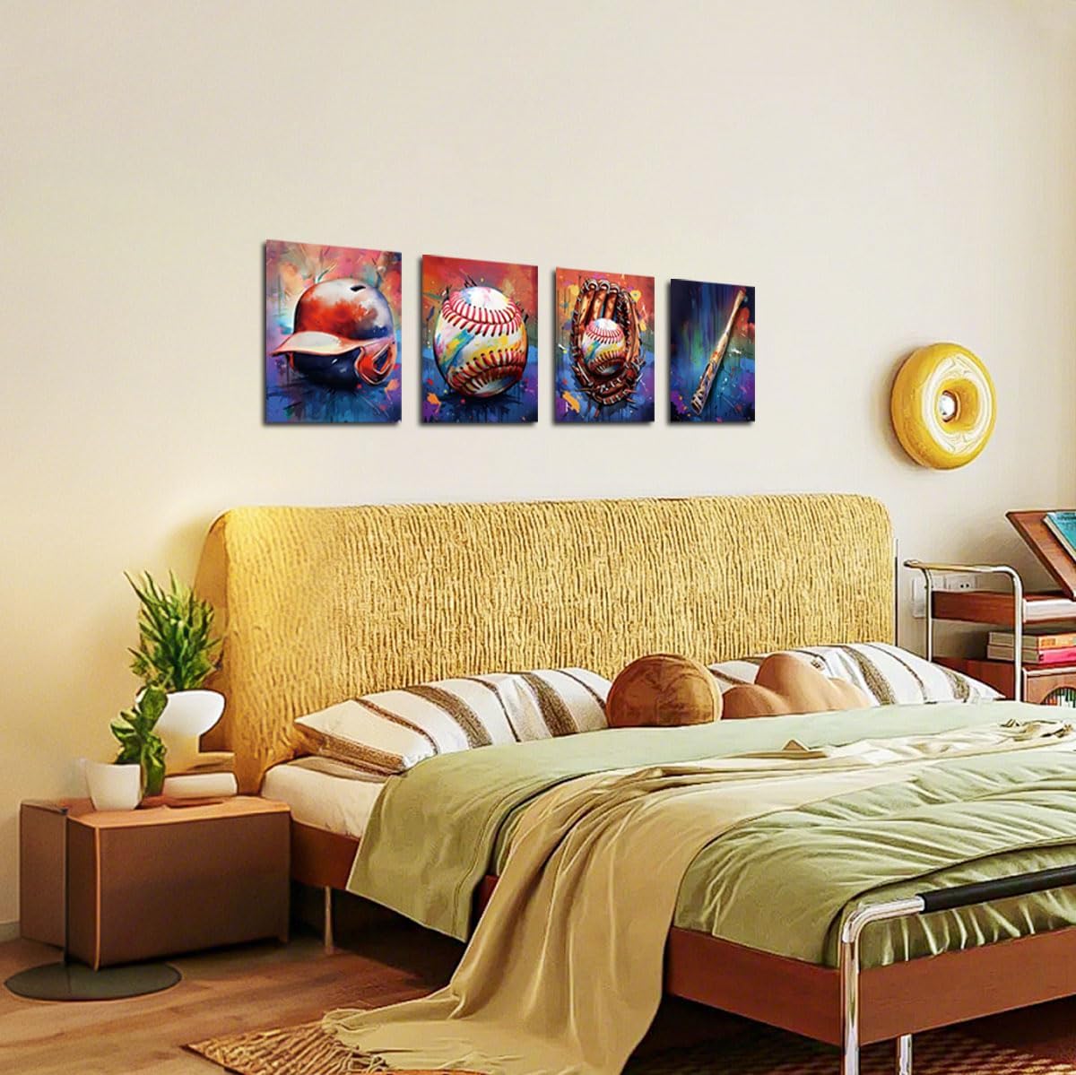 Baseball Graffiti Wall Art Canvas Prints Boys Bedroom Wall Decor,Vintage Framed Art Cool Posters Man Room Aesthetics Sport Decorations Set of 4 (8"x10")