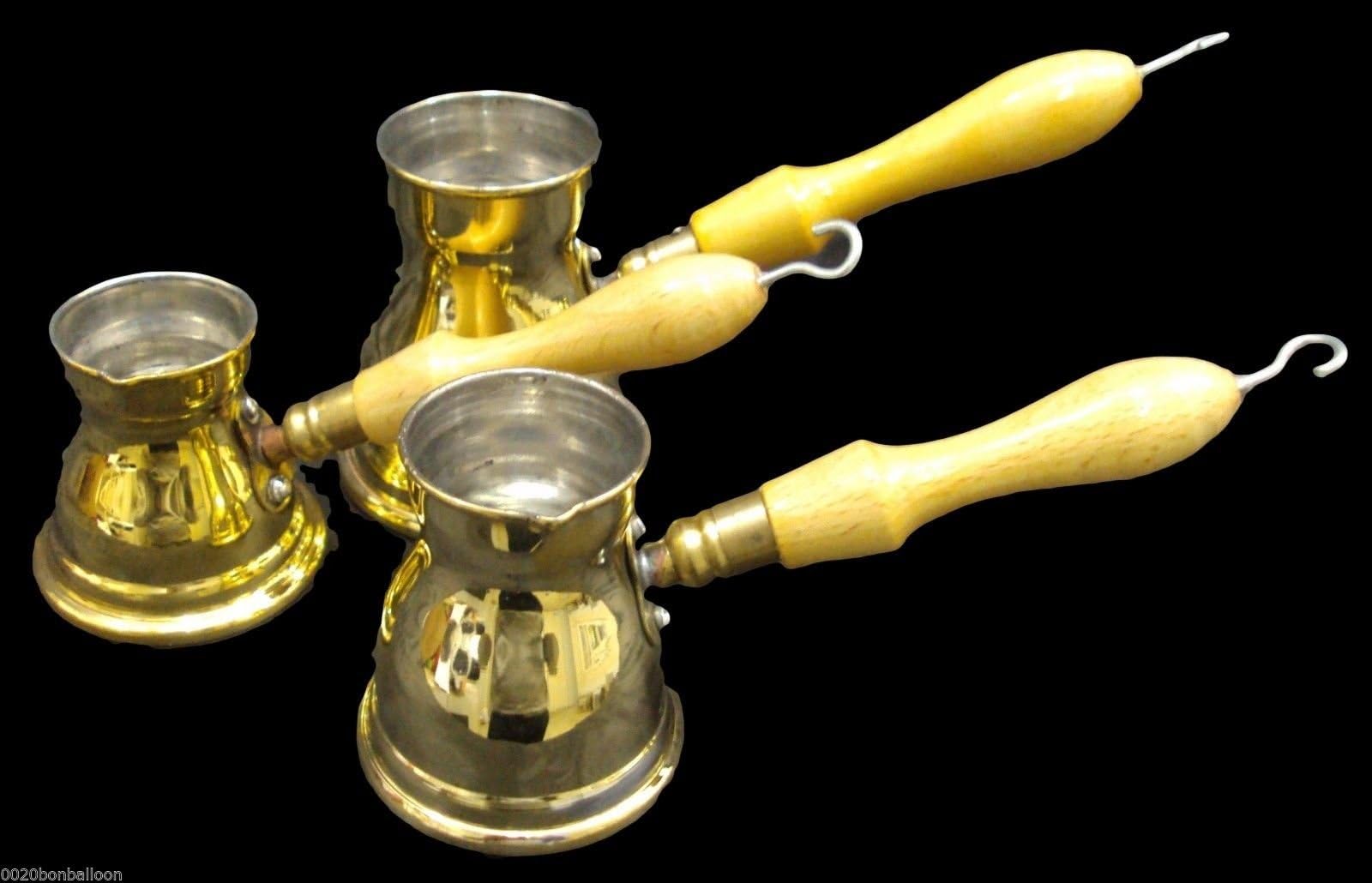 Set 3 Brass Copper Pot Ibrik Briki Turkish Greek Coffee Maker Jazva Cezve Jezve Turka Ararat Arabic Arabian Arabic With Wooden Handle Hand Hammered Handmade Egypt Egyptian Decanter