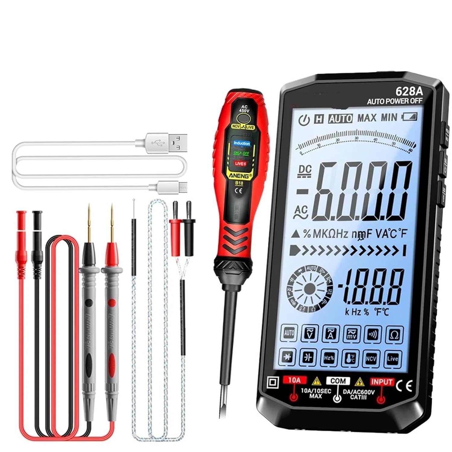 Digital Multimeter Professional 6000 Counts 628A+B18 Word/Cross Screwdriver Voltage AC/DC Voltage Current Ammeter Detector Test(Black-B18 Word Red)
