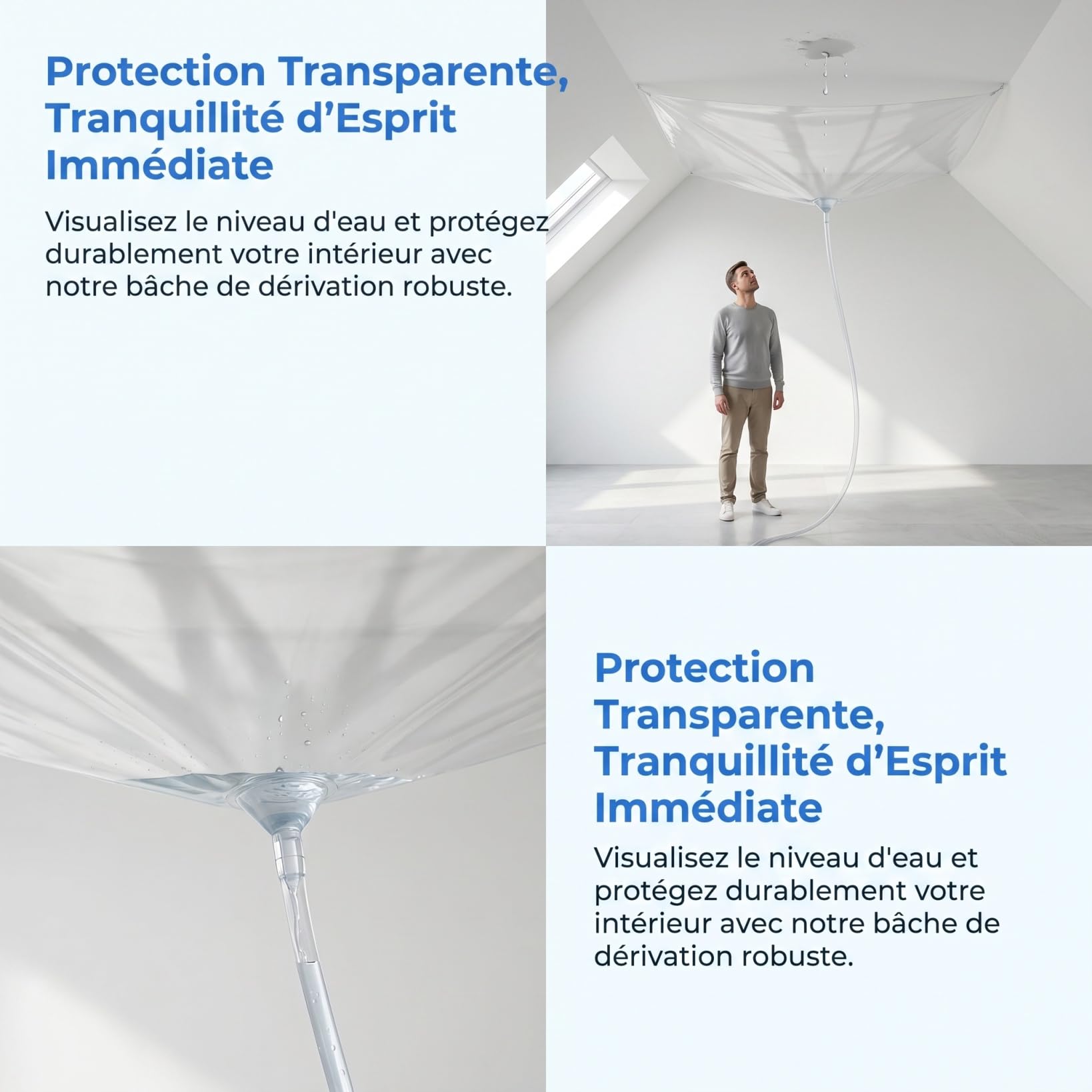 Didiseaon Bâche de Récupération d'eau de Pluie 120x100 Cm avec Bac Collecteur et Tuyau D'évacuation 4 Mètres, Kit Complet pour Dérivation des Fuites Plafond et Toiture, Étanche et Solide