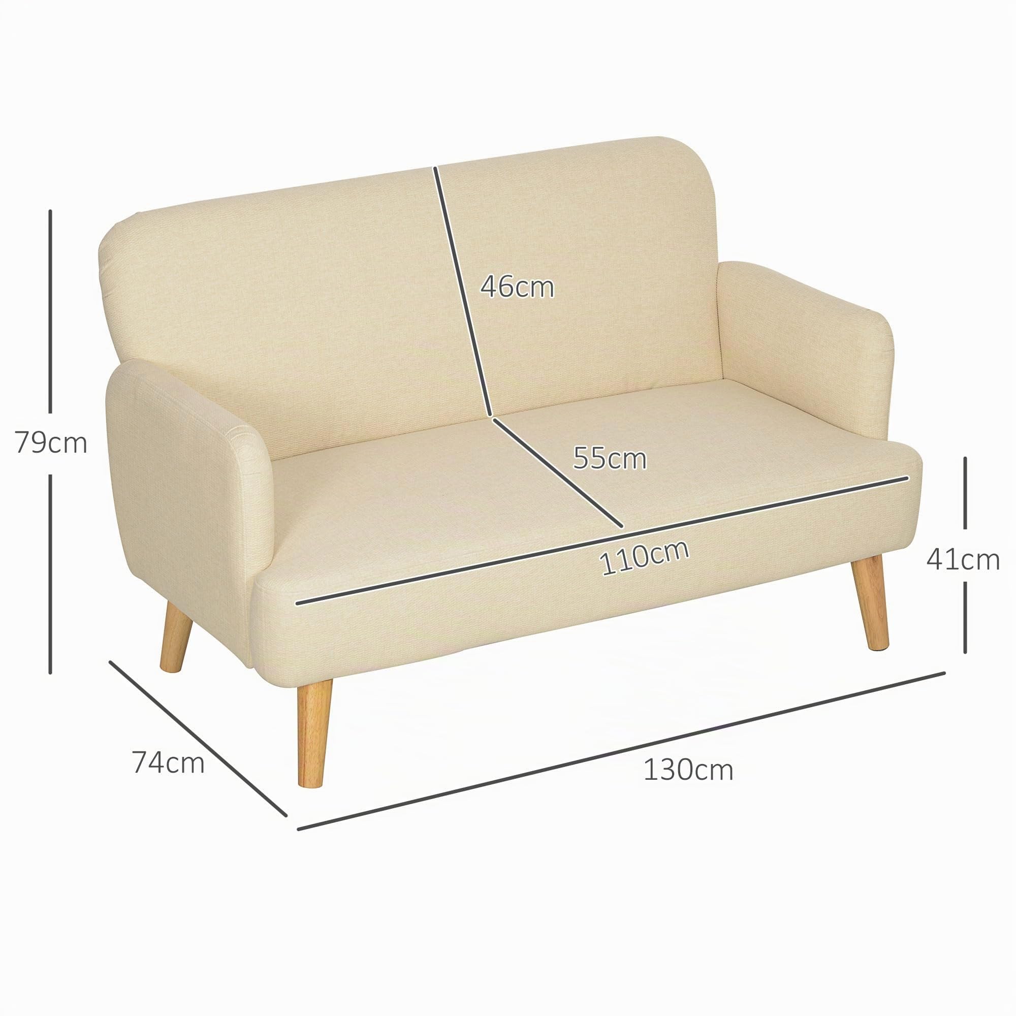 HOMCOM 2 Sitzer Sofa Kleines Sofa Holzbeine 130 x 74 x 79 cm Cremeweiß