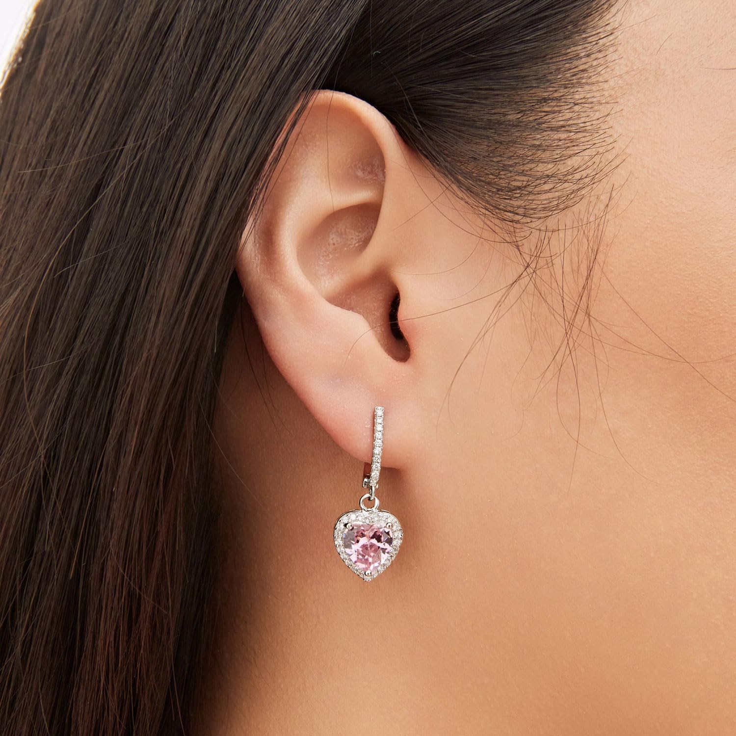 Pink Heart Dangle Earrings Cubic Zirconia Halo Heart Drop Earrings for Women - Image 2