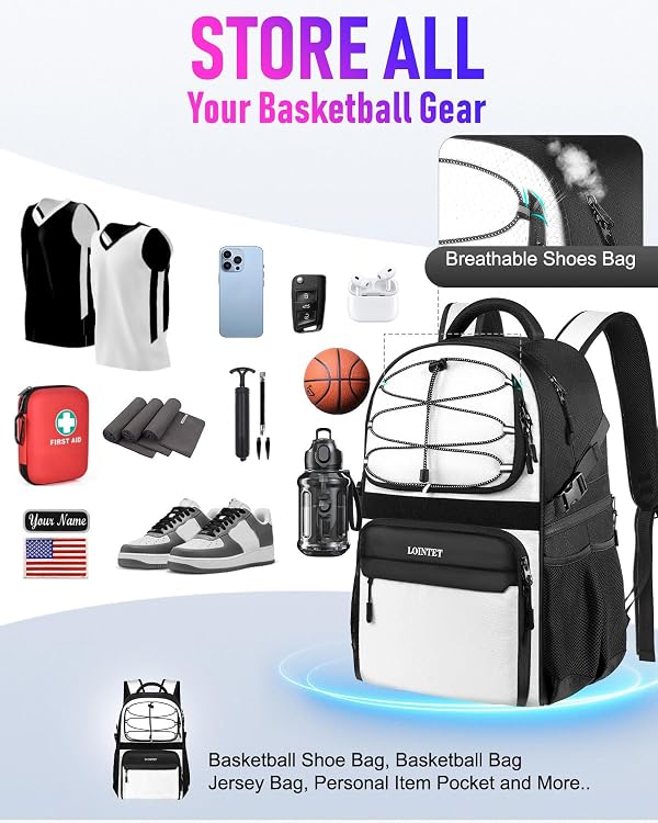LOINTET Basketball Bag Backpack with Ball Holder Shoes Compartment, Large Basketball Accessories Sports Bag More Pockets for Football, Soccer, Volleyball, Gym, Travel, White by LOINTET - Image 2