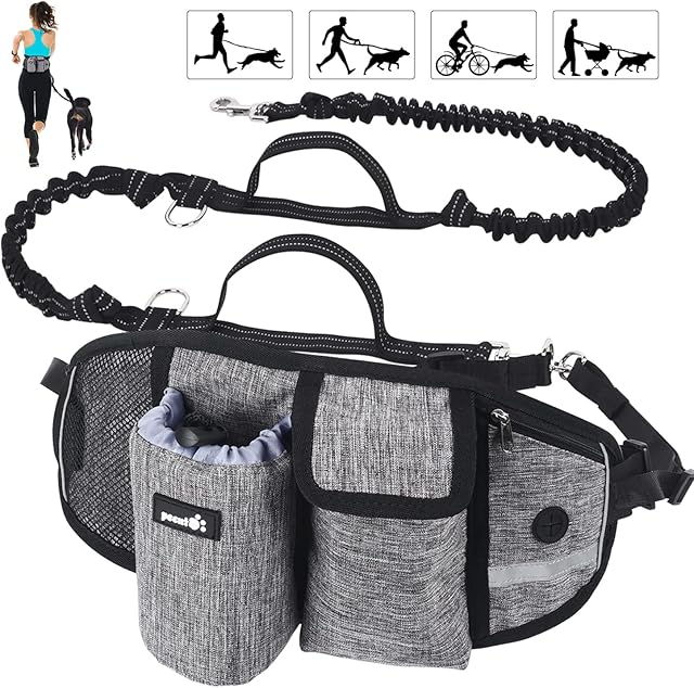pecute Hands Free Dog Running Leads with Wide Back Support Waist Bag,Adjustable Dog Walking Belt with Multi Pouch & Poo Bag Holder,Durable 2 Handles & Bungees Reflective Jogging Lead,Up to 60KG(Grey)