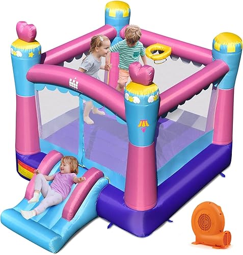 HONEY JOY Casa inflable de rebote 3 en 1 con temática de princesa para niños con soplador, toboganes, castillo inflable para interiores y exteriores