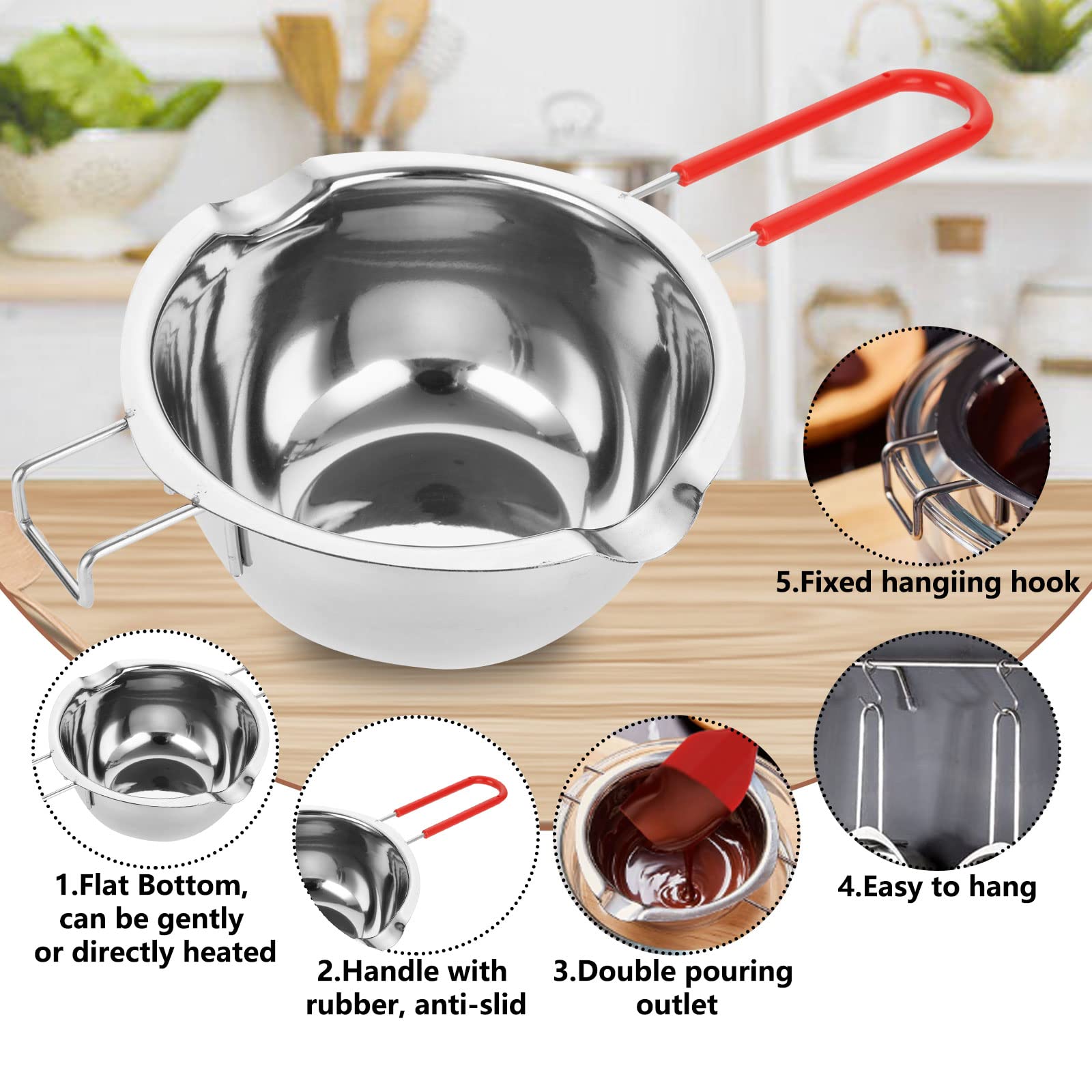 ZOFUN - Caldaia doppia da 600 ml, in acciaio inox 304, con pentola riscaldante da 16 cm e raschietto in silicone, kit per sciogliere cioccolato, formaggio, caramelle, burro, candele, sapone