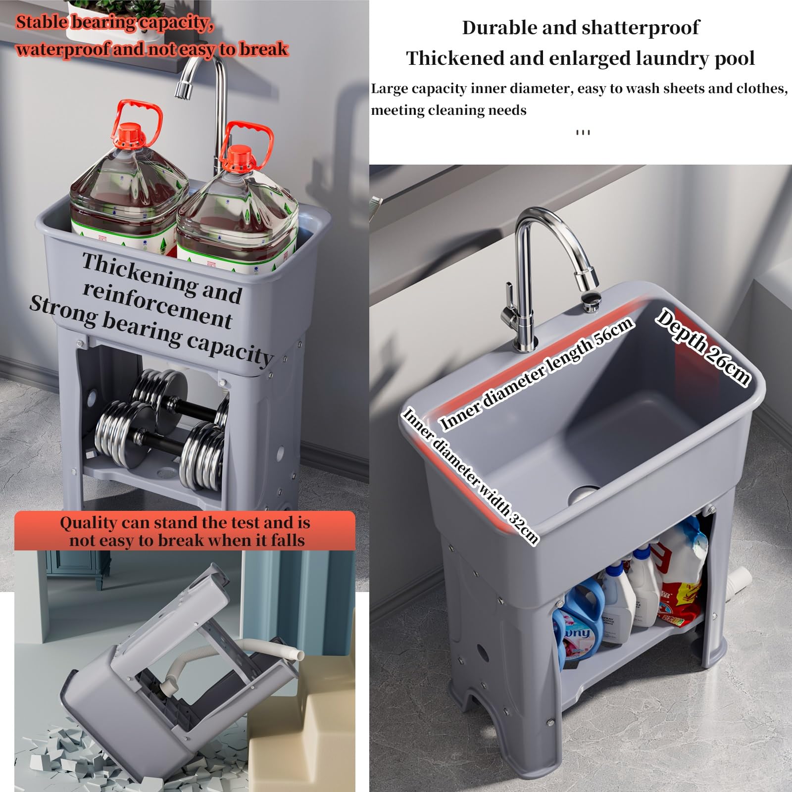 Lavandino con lavabo, mensola e rubinetto, in plastica resistente, per garage, lavanderia, esterni, lavaggio animali domestici e giardinaggio, stazione di lavaggio versatile