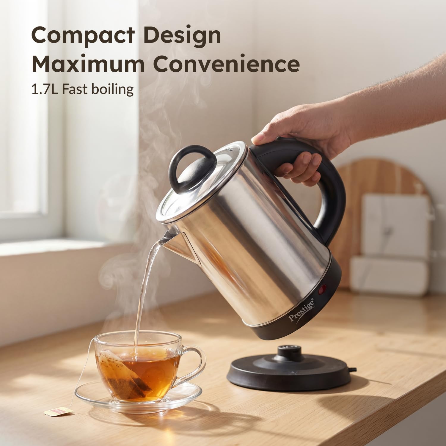 Prestige 1.7L PKGSS Stainless Steel Electric Kettle | 1350 Watts | Glass Lid with heat resistent handle | Single Touch lid locking |Automatic Cut Off | Silver 1