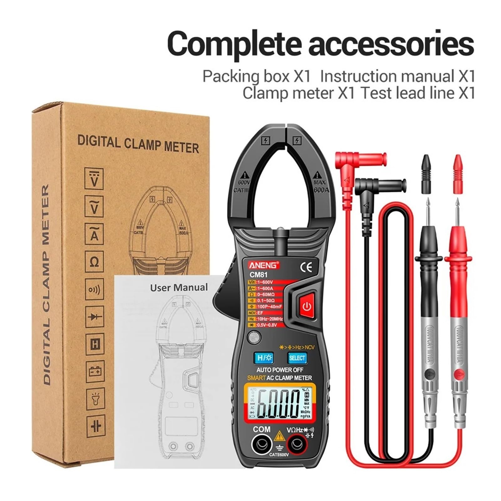 CM80/CM81 Pinza amperometrica digitale True RMS AC DC rilevamento NCV | Misura corrente AC DC e valori elettrici senza scollegare i circuiti per manutenzione e diagnosi(CM81 Black with box)