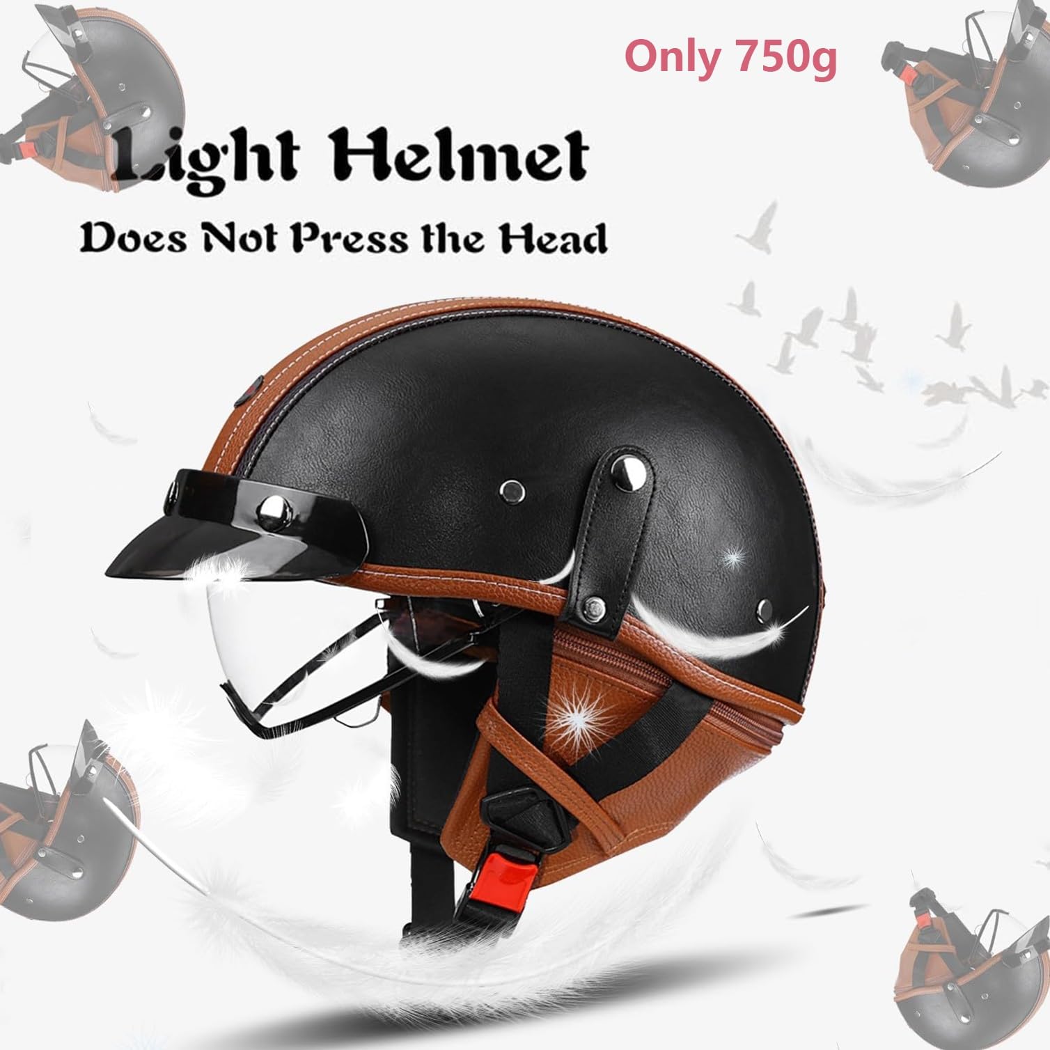 Retro Halbschalenhelm Halbhelme Leder Motorradhelm Mit ECEDOT Genehmigt Brain-Cap Halbschale Roller-Helm Mit Schutzbrille Scooter-Helm Jet-Helm Für Erwachsene Herren Damen