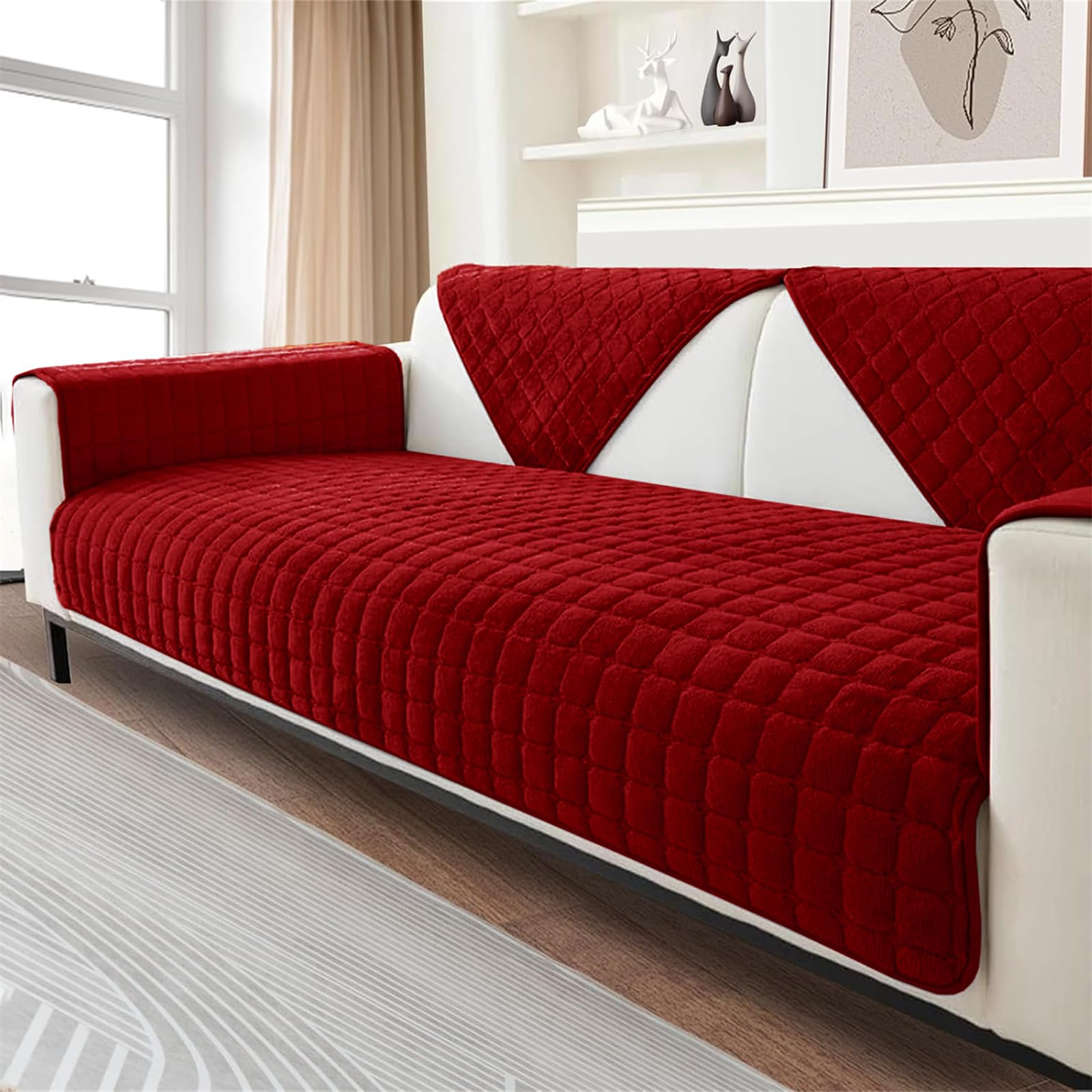 FASCINATDECO Soft Flannel Sofa Covers, Sofa Cushion Covers, Non-Slip Sofa Cover 1 2 3 Seater Couch Covers for Sectional Sofa, Sofa Slipcovers L Shape Furniture Protector (Red, 70x180cm)