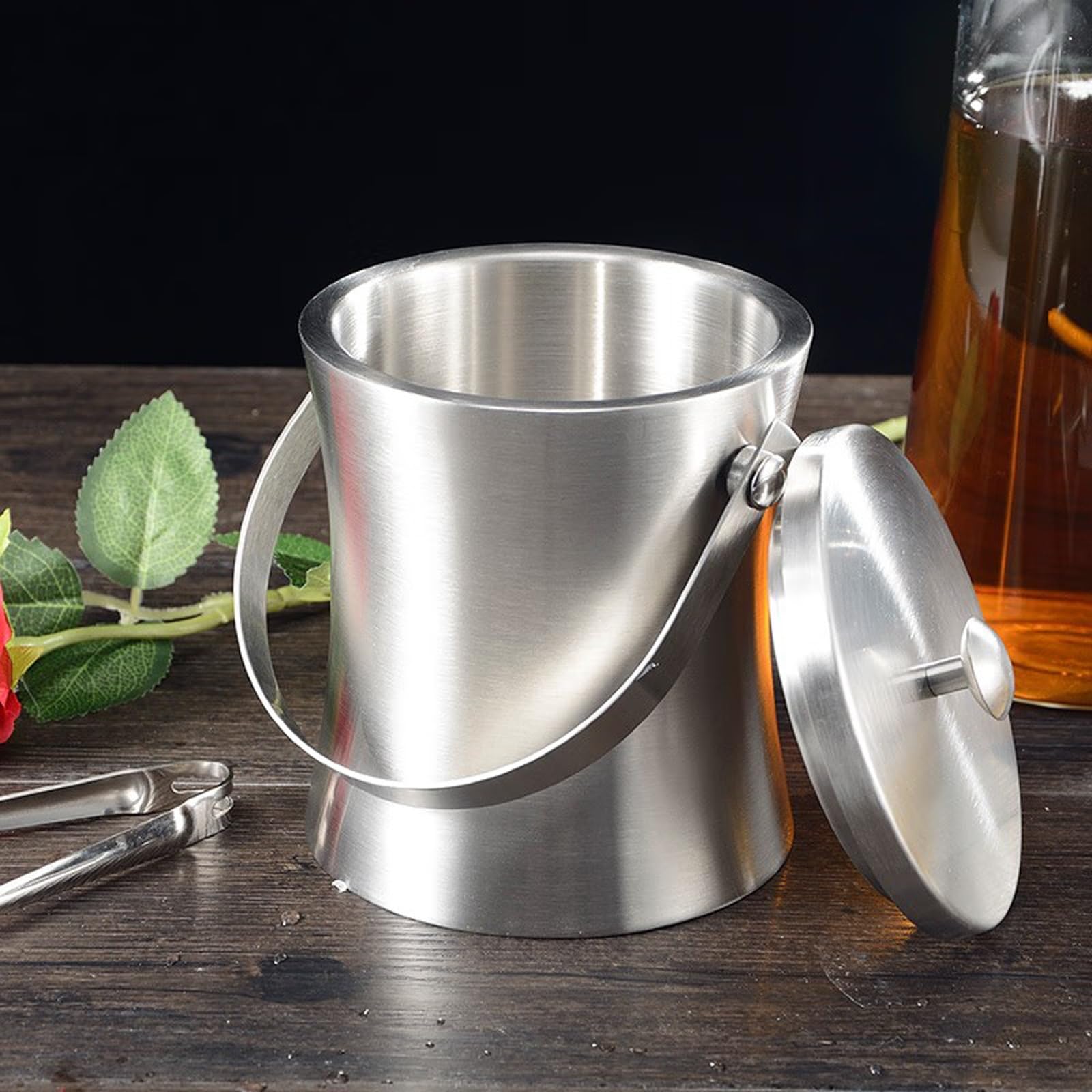 Cubo de Champán Contenedor de cubitos de hielo de acero inoxidable moderno Enfriador de vino de champán Cubo de hielo Bar en casa Cubo de hielo Cubo de bebida con tapa y mango cómodo Cubiteras Acero(1