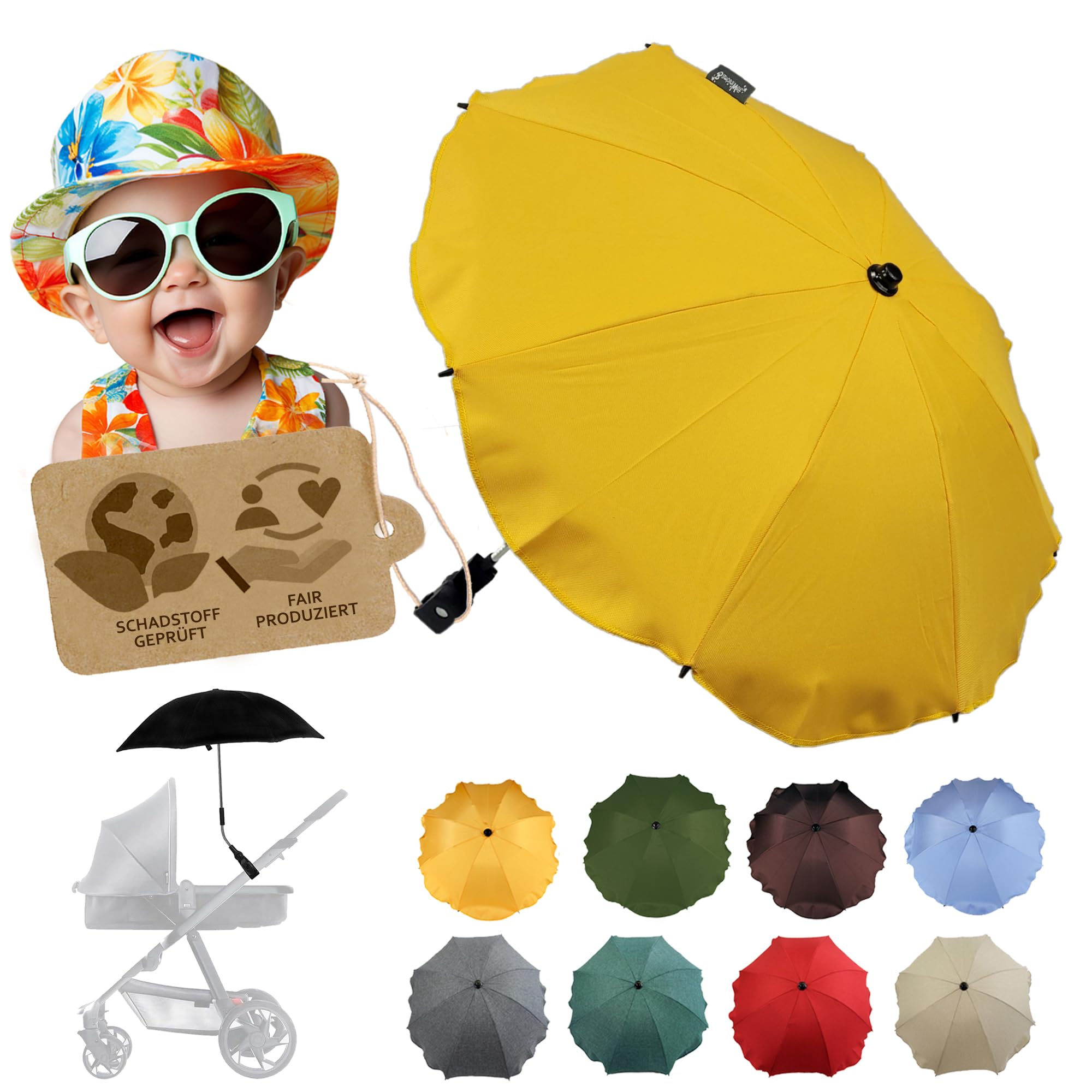 BambiniWelt by Rafael K. Sonnenschutz universal [Sonnenschirm für Kinderwagen] Buggy UV Schutz 50+ mit Universalhalterung biegsamer Schirm für Rund- und Ovalrohre verstellbar (gelb)