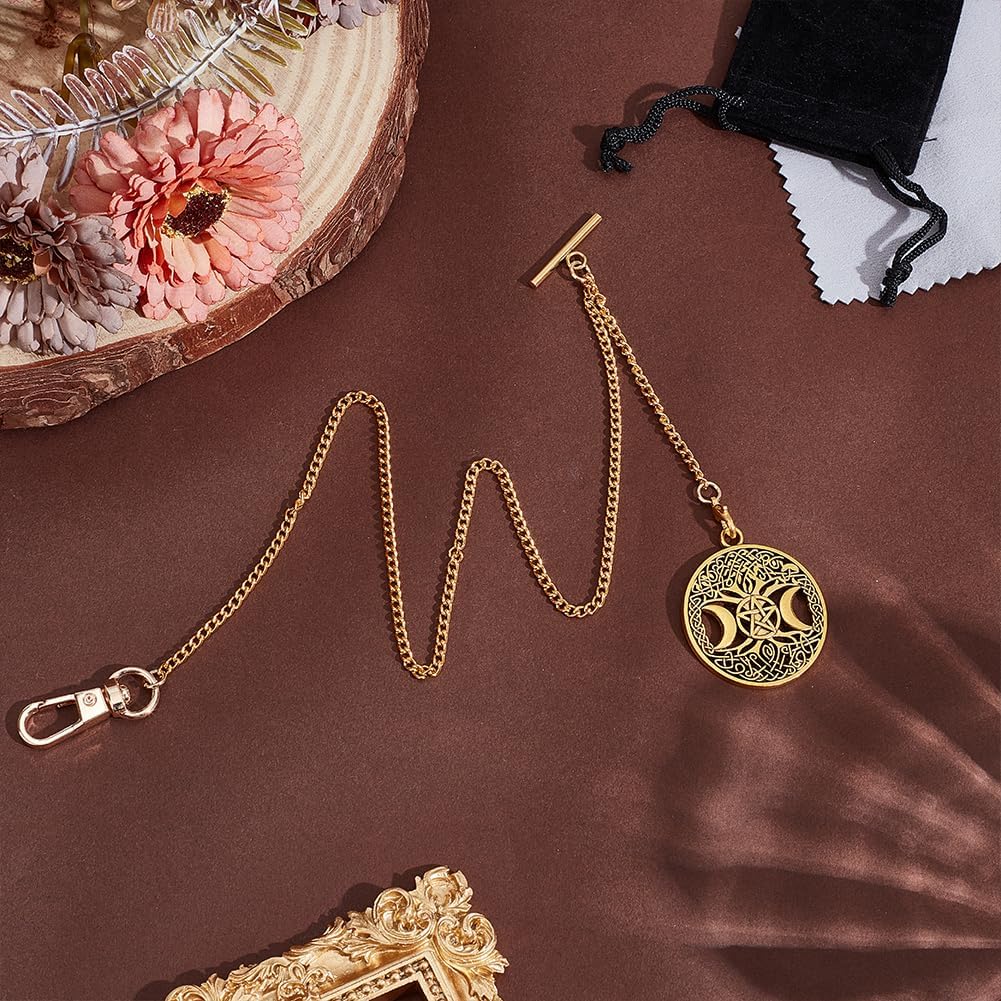 PH PandaHall Pocket Watch Chain 19.5 Inch Metal Wallet Chain Pocket Watch Fob T Bar Men's Link Vintage Style Golden Moon Goddess Watch Chain, Pendant: 1.5 Inch