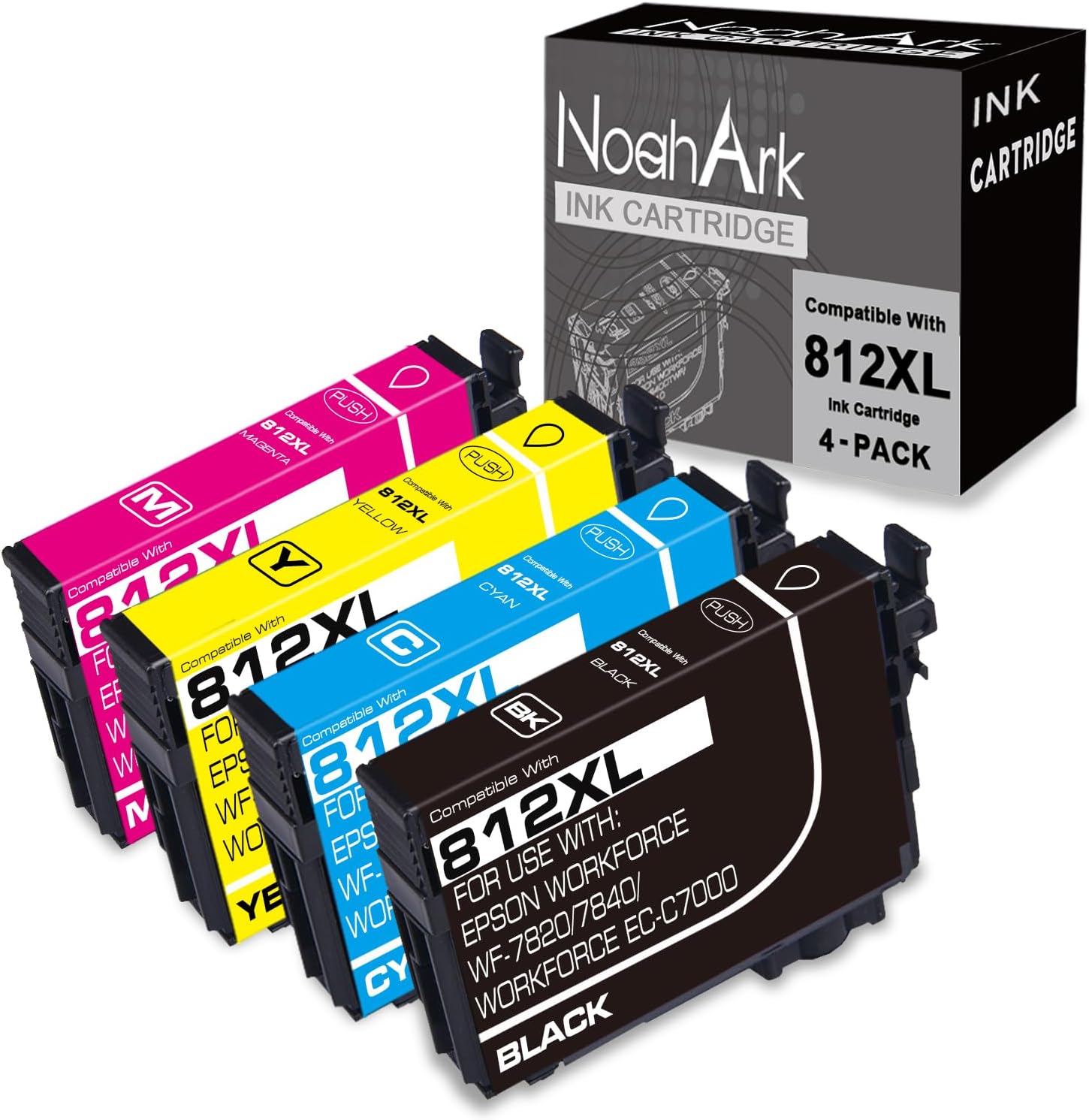 NoahArk 4 Packs 812XL Remanufactured Ink Cartridges Replacement for Epson 812 812XL T812 T812XL High Yield Ink for Workforce Pro WF-7820 WF-7840 EC-C7000(A3) Printer(Black Cyan Magenta Yellow, 4-Pack)