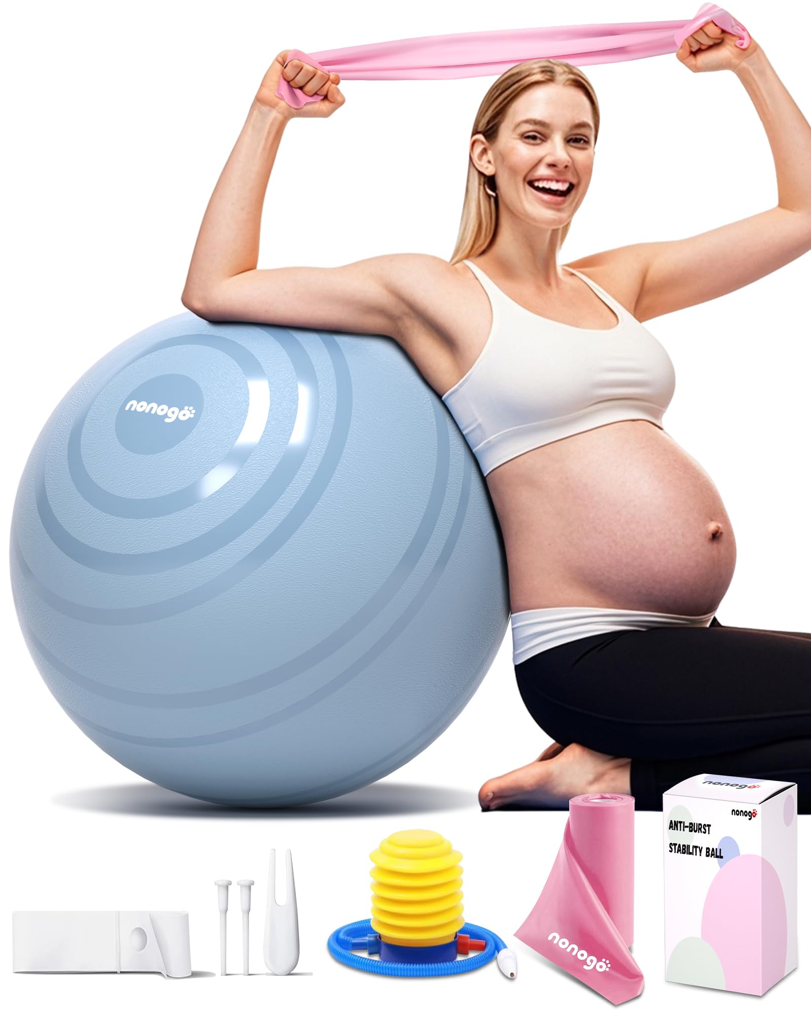 nonogo Birthing Ball for Pregnancy with Resistance Bands- Exercise Ball for Working Out, Yoga, Physical Therapy, Maternity Physio, Balance Stability