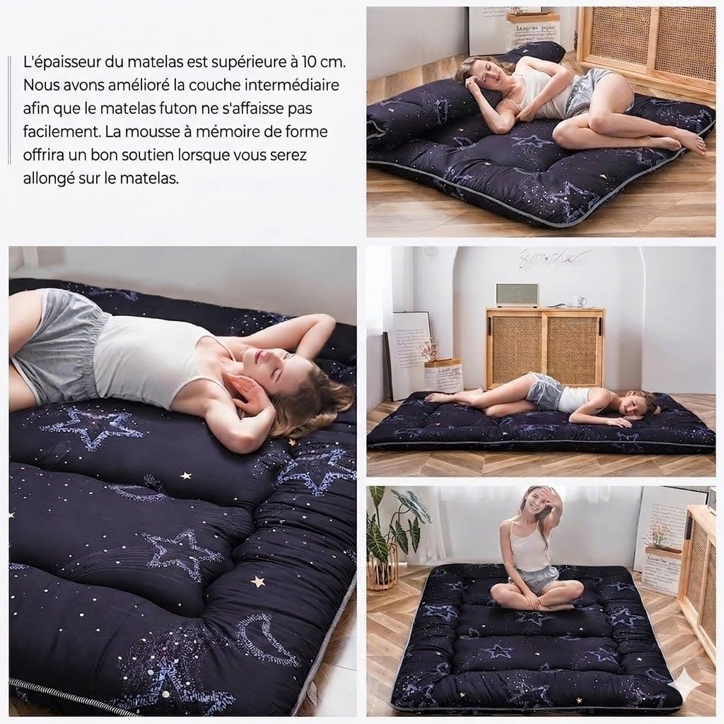 MAXYOYO Matelas Futon Japonais à Motifs, Matelas d'appoint matelassé, Lit d'invité, Matelas de Couchage Pliant Tatami Mat Respirant Lit d'invité pour Camping Couch, Rêver Lune, 90 x 190 cm