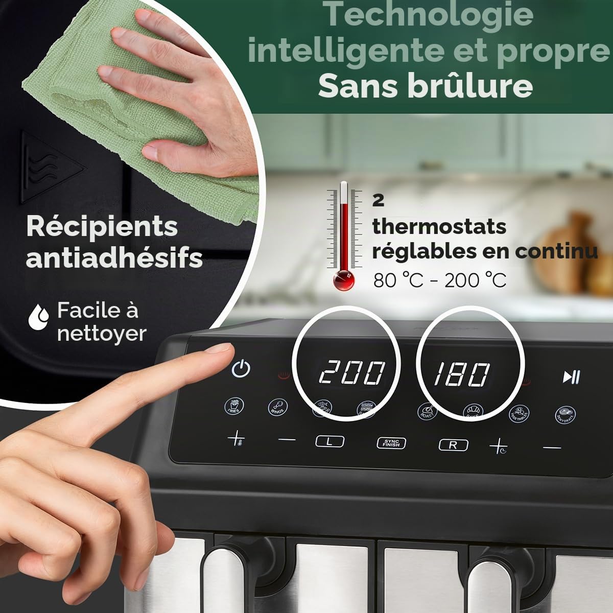 ProfiCook Friteuse à air chaud | Système de préparation simultanée | 9 litres | Friteuse à air chaud 2 compartiments | Frire sans graisse | Cuve avec anti-adhésif | Airfryer | PC FR 1296 H