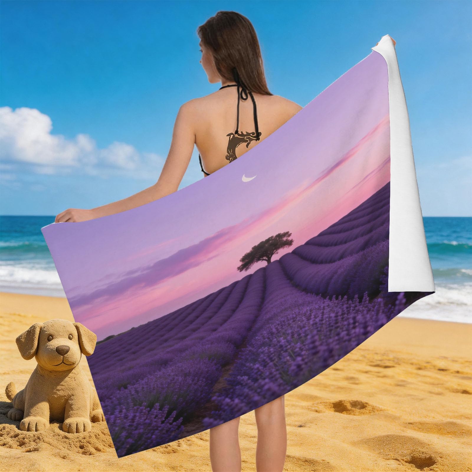 Leichong 3D Lavender Beach Towel Large Microfiber Soft Quick Dry for Adults, Romantic Bath Towel Lightweight Soft Absorbent for Travel Swimming Pool Sports, 80 x 160 cm