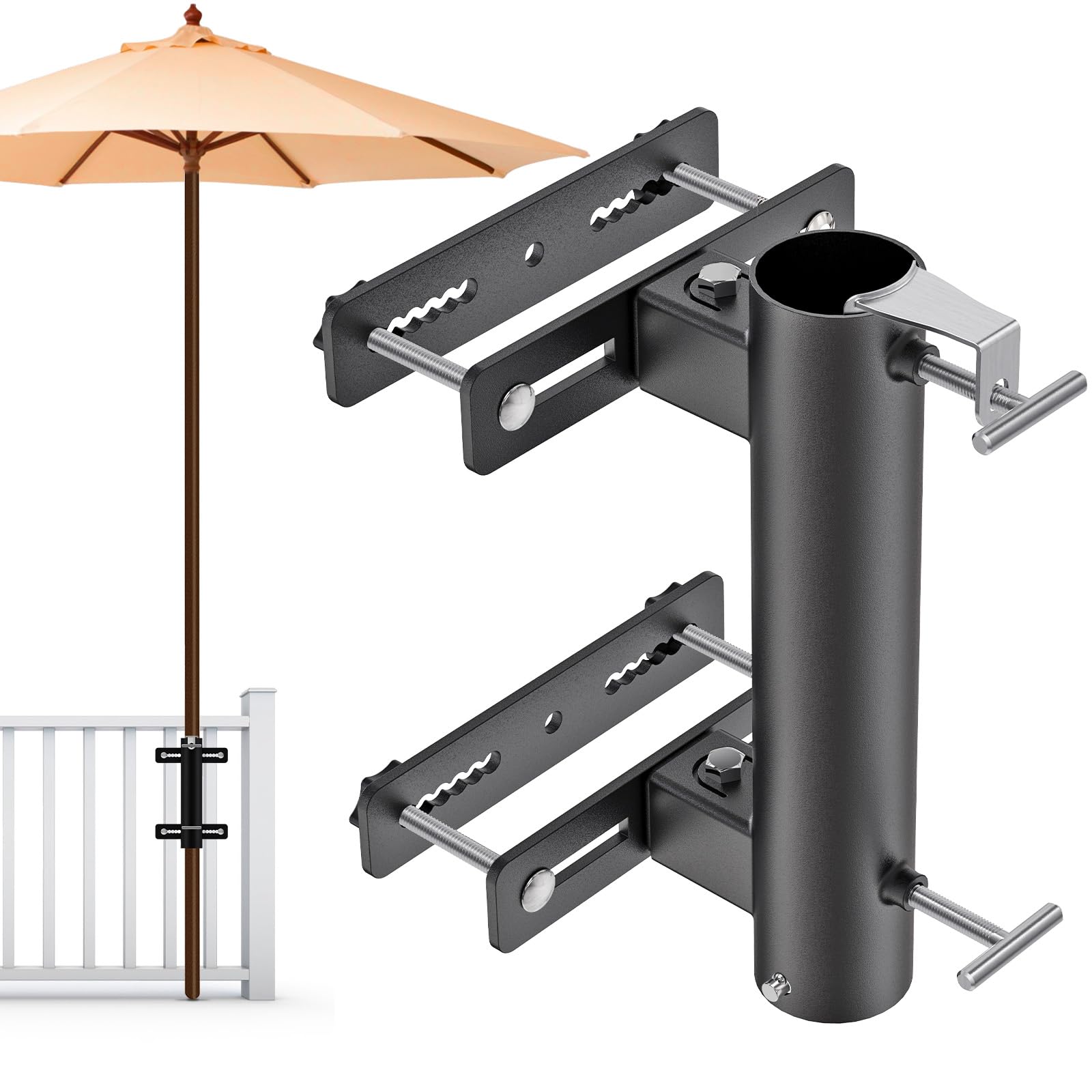 Lifeswell Heavy Duty Deck Railing Umbrella Holder, Adjustable Patio Umbrella Stand for 1-2 Inch Poles, Secure & Sturdy Railing Grille Mount, Maximizes