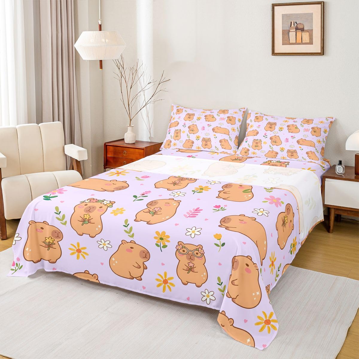 Homewish uroczy capybara zestaw pościeli podwójna kreskówka kapibara prześcieradła kolorowy kwiatowy zestaw prześcieradeł - kawaii gryzonie zwierzę dopasowane górne prześcieradła 4 sztuki fioletowy