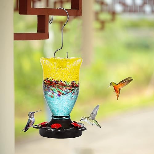 Miniatura 2 de LUJII Comederos para colibríes para exteriores a prueba de hormigas, comedero de colibríes de vidrio soplado hecho a mano para exteriores con gancho