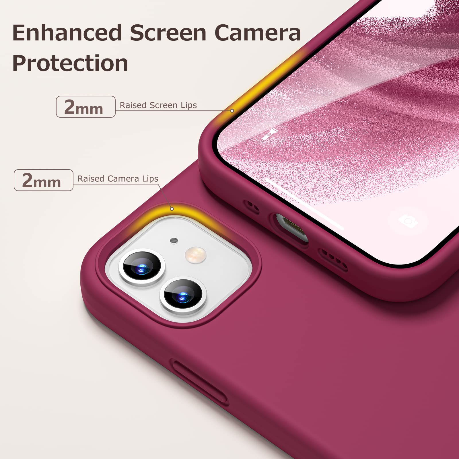 GOODVISH 3 in 1 Cover in Silicone per iPhone 12 Mini 5,4", con 2 Pezzi di Pellicola Protettiva, Silicone Liquido Custodia per Cellulare con Morbida Microfibra Antiurto,Rosa Rossa