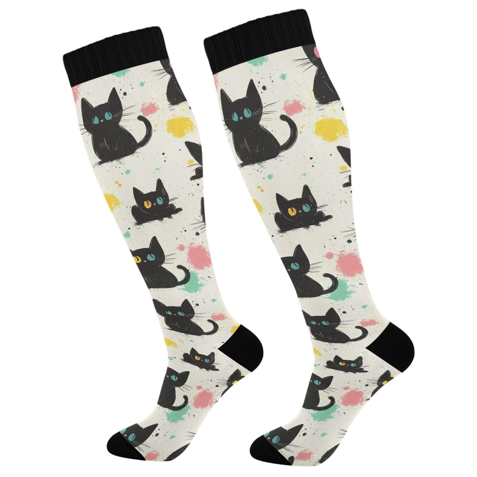 Wassud Cartoon Black Cats Compression Socks for Women and Men 20-30 mmHg Knee High Socks for Nurses Travel 1 Pair