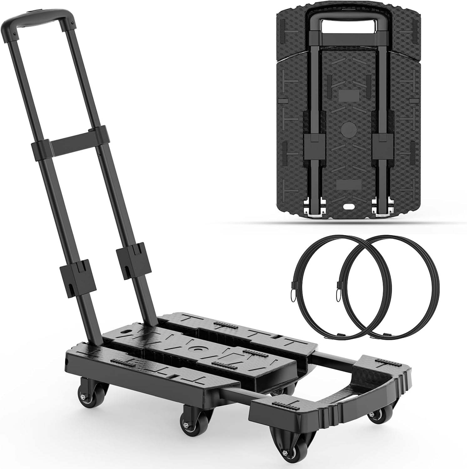 Folding Hand Truck, Pre-Installed 600lbs Heavy Duty Dolly Cart, Portable 6 Wheels Collapsible Luggage Cart with 2 Elastic Ropes for Luggage, Travel, Moving, Shopping, Office Use