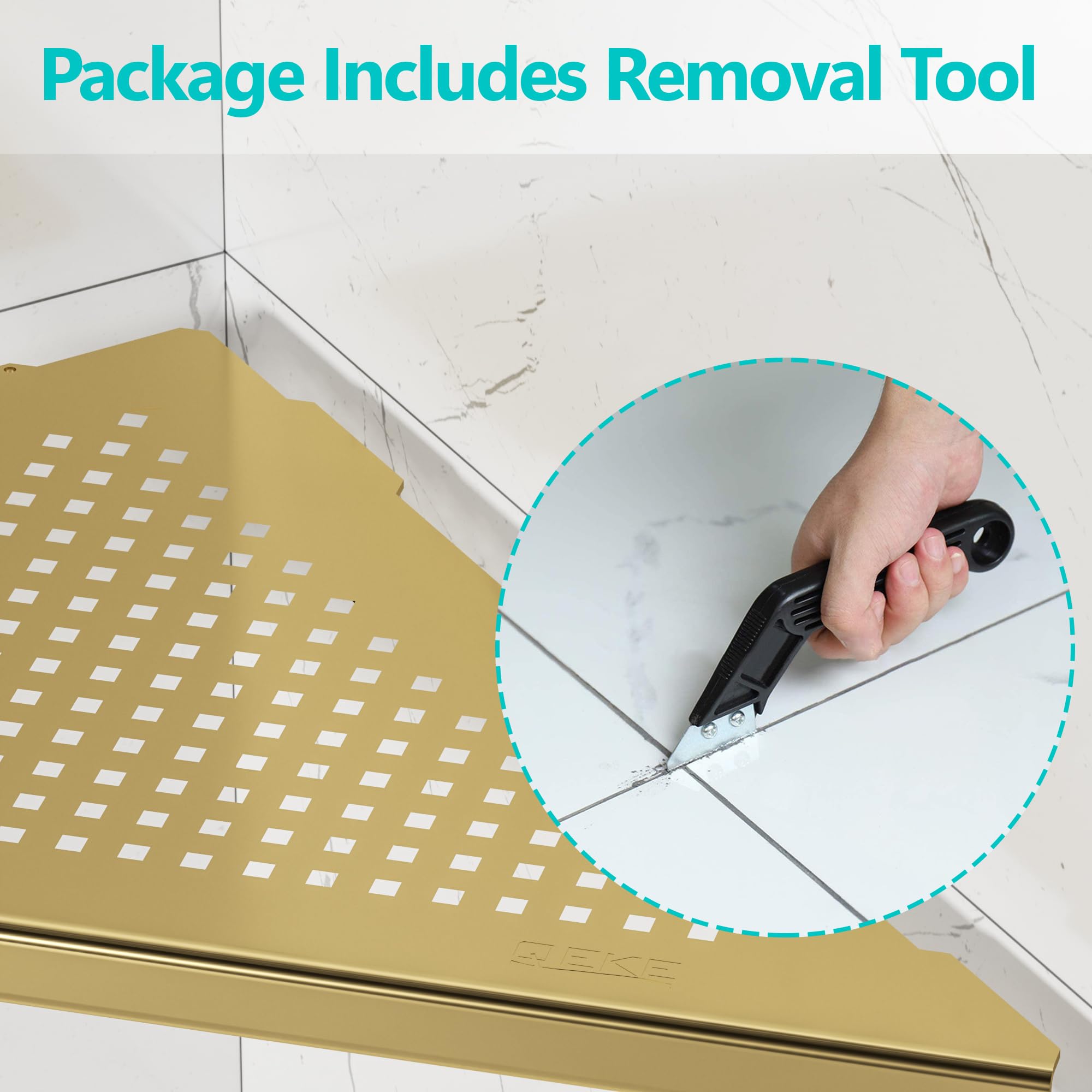 Qeke Estante esquinero de baño, empotrado de 12 pulgadas, estante de ducha de acero inoxidable SUS304 triangular para montaje en pared, sin taladrar, dorado cepillado