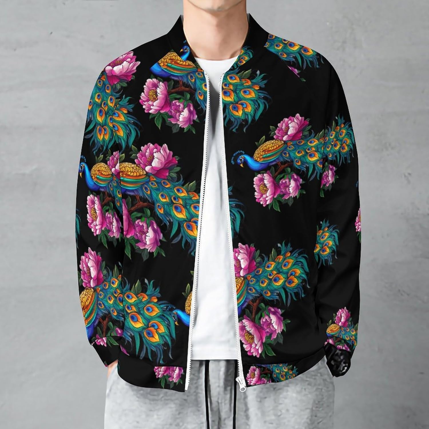 Beautiful Blue Peacock Peony Men's Zip Up Sweatshirt Casual Sweater Jackets Long Sleeve Tops Lightweight Coat