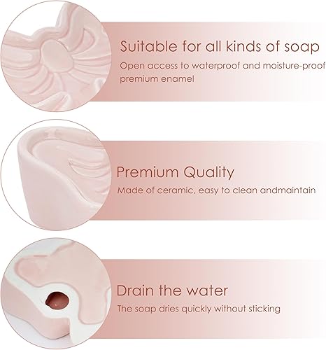 Miniatura 3 de Jabonera con lazo, caja de jabón de cerámica en forma de lazo, jabones de cerámica para baño, fregaderos, cocina (rosa)