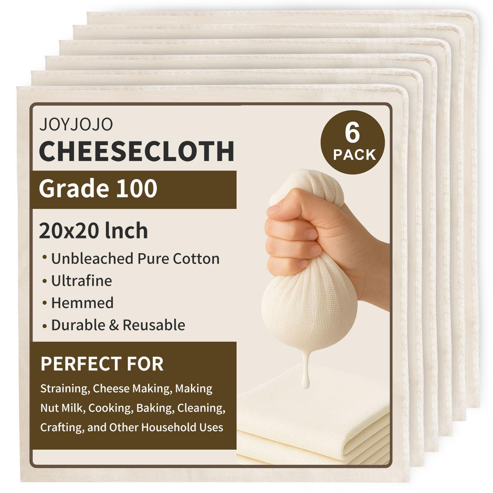 Cheesecloth 6-Pack 20x20 Inch – Organic Grade 100 Cotton, Reusable Hemmed Cheesecloth for Baking, Straining, Nut Milk & More