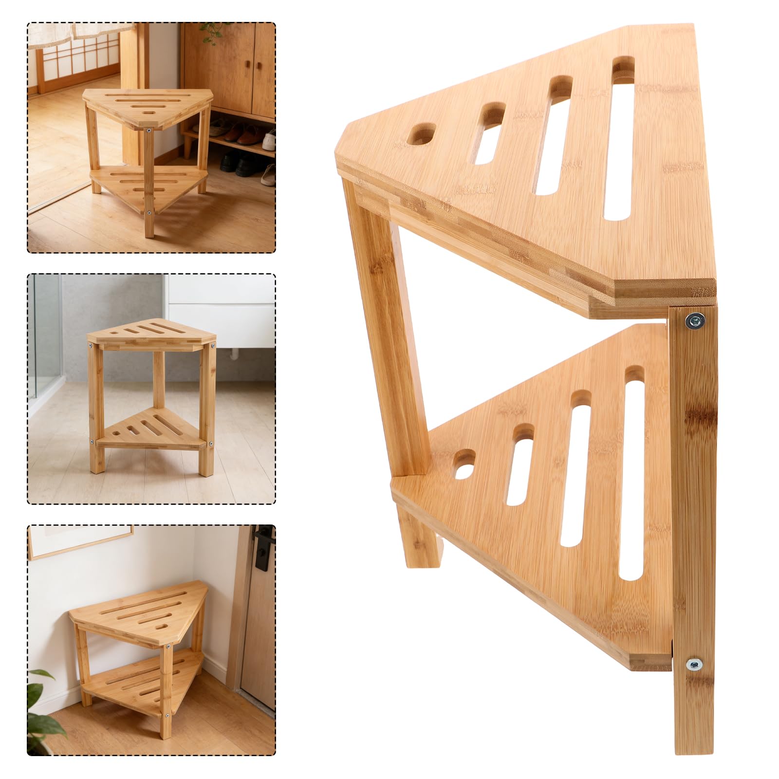 KICHOUSE Bamboo Shower Bench with Storage Shelf Shower Stool for Legs Shaving with Non-slip Base Corner Bathroom Organizer for Extra Space